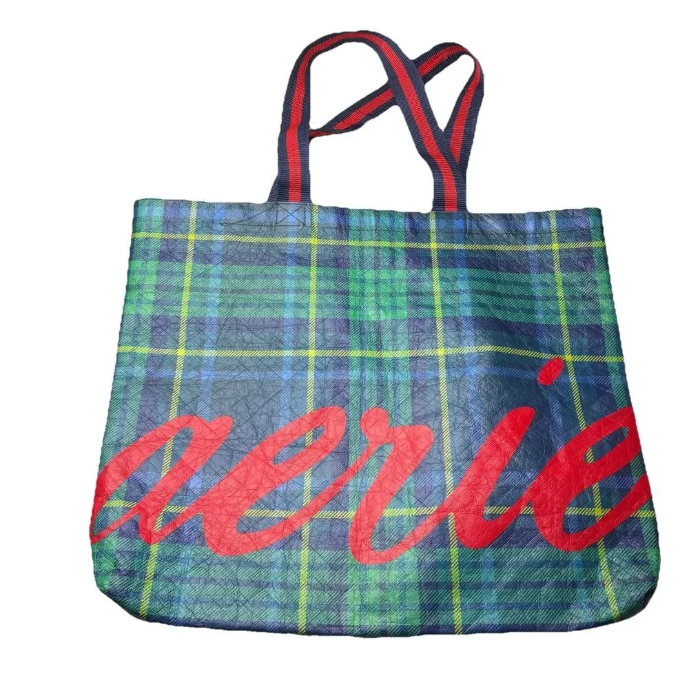 Lot of 2 American Eagle AE Aerie Reusable Shopping Tote Bag Carry Blue Plaid